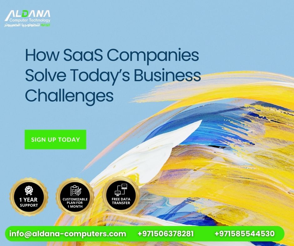 Illustration of SaaS companies addressing modern business challenges with innovative IT solutions, tailored for business optimization in Dubai and the UAE